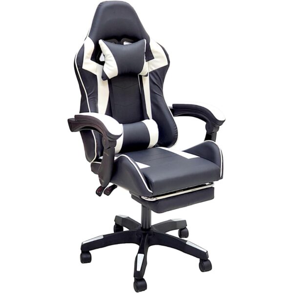 High Back Gaming Chair with Footrest - Premium Leather, Padded Armrests, Adjustable Height, Headrest Cushion & Reclining Backrest, Swivel Office Computer Chair (White Black)