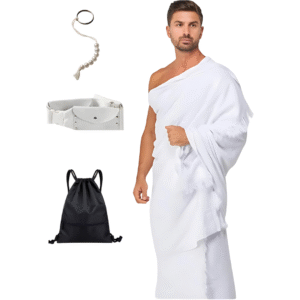 GP 4 pcs set Men Clothing Hajj Umrah Ahram Ehram 100% Super Soft Non Allergic Cotton New Dry Fast Microfiber Woven Technology, WaterProof ahram's Belt, Waterproof Shoe Bag, Tawaf counting Beads