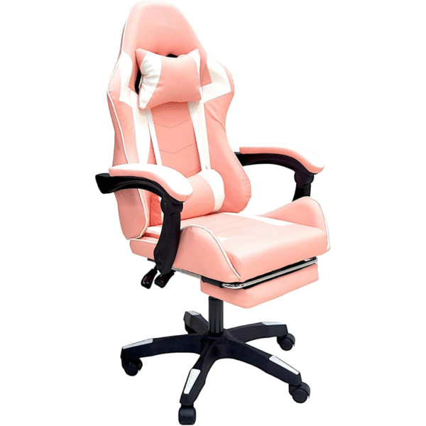High Back Gaming Chair with Footrest - Premium Leather, Padded Armrests, Adjustable Height, Headrest Cushion & Reclining Backrest, Swivel Office Computer Chair (Pink White)