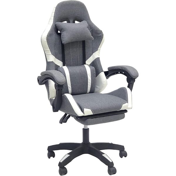 Fabric Gaming Chair - Reclining High Back Office Chair - Adjustable Height, Headrest, Footrest and Lumbar Support - Swivel Video Game Chair - Ergonomic Computer Gaming Chair (Grey White)