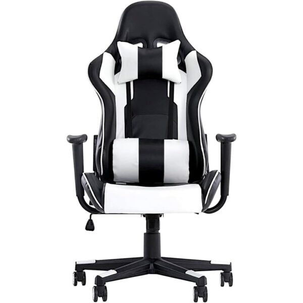 Ergonomic High Back Gaming Chair for Office & Home – PU Leather Executive Chair with 180° Reclining Backrest, Adjustable Height, Lumbar & Headrest Support – White and Black Racing Style