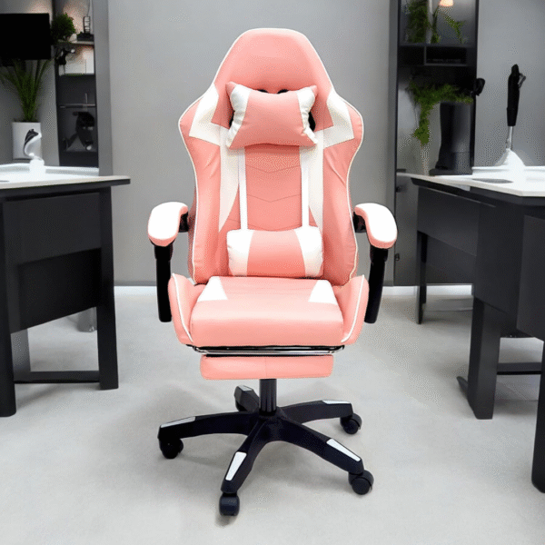 High Back Gaming Chair with Footrest - Premium Leather, Padded Armrests, Adjustable Height, Headrest Cushion & Reclining Backrest, Swivel Office Computer Chair (Pink White) - Image 2