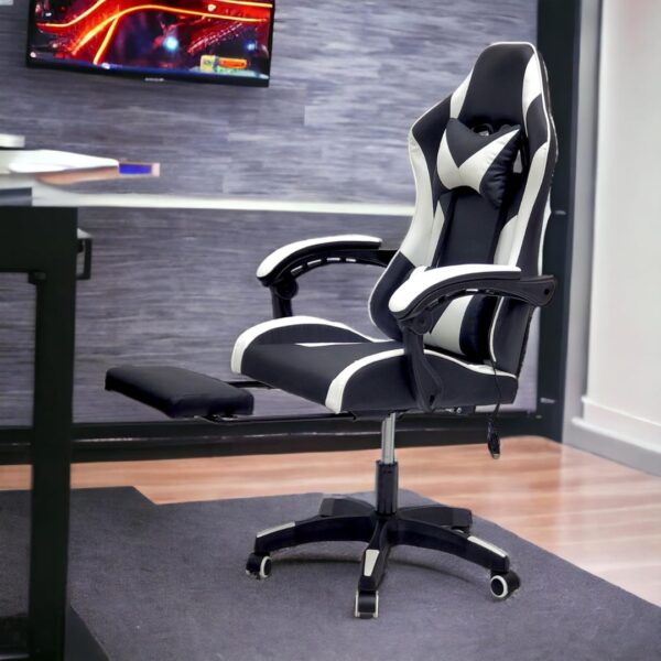Gaming Chair with Footrest, High Back Leather Office Desk Chair with USB Massager, Adjustable Height, Headrest and Lumbar, Swivel Video Game Chair, Ergonomic Computer Gaming Chair (White Black) - Image 3