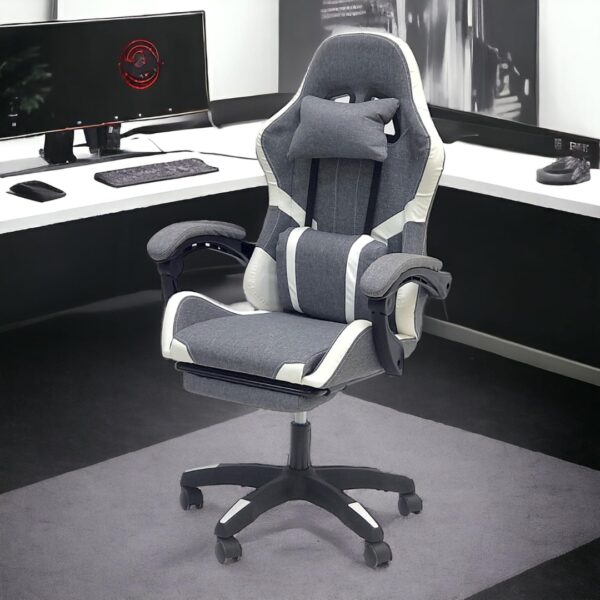 Fabric Gaming Chair - Reclining High Back Office Chair - Adjustable Height, Headrest, Footrest and Lumbar Support - Swivel Video Game Chair - Ergonomic Computer Gaming Chair (Grey White) - Image 2