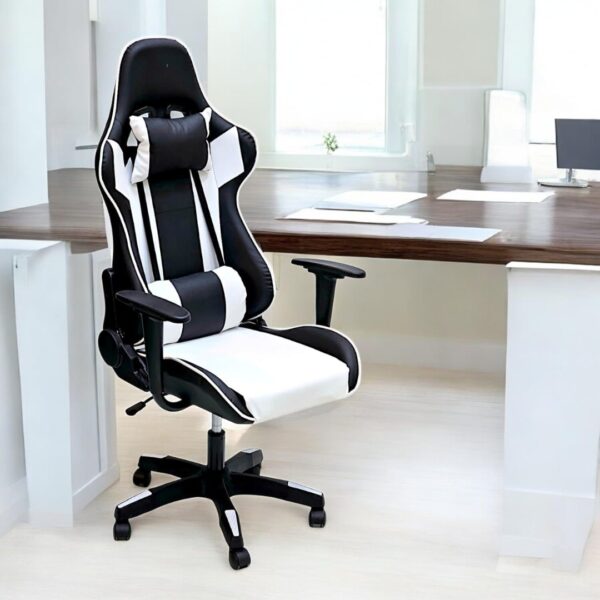 Ergonomic High Back Gaming Chair for Office & Home – PU Leather Executive Chair with 180° Reclining Backrest, Adjustable Height, Lumbar & Headrest Support – White and Black Racing Style - Image 2