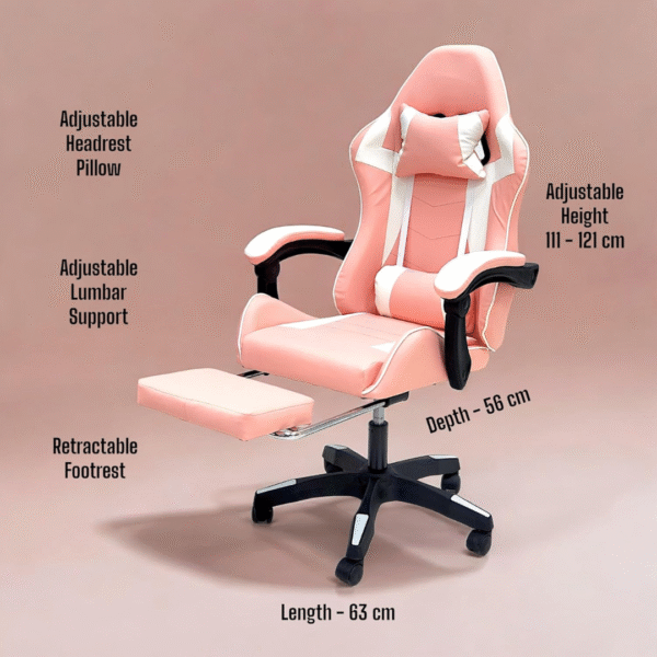 High Back Gaming Chair with Footrest - Premium Leather, Padded Armrests, Adjustable Height, Headrest Cushion & Reclining Backrest, Swivel Office Computer Chair (Pink White) - Image 3
