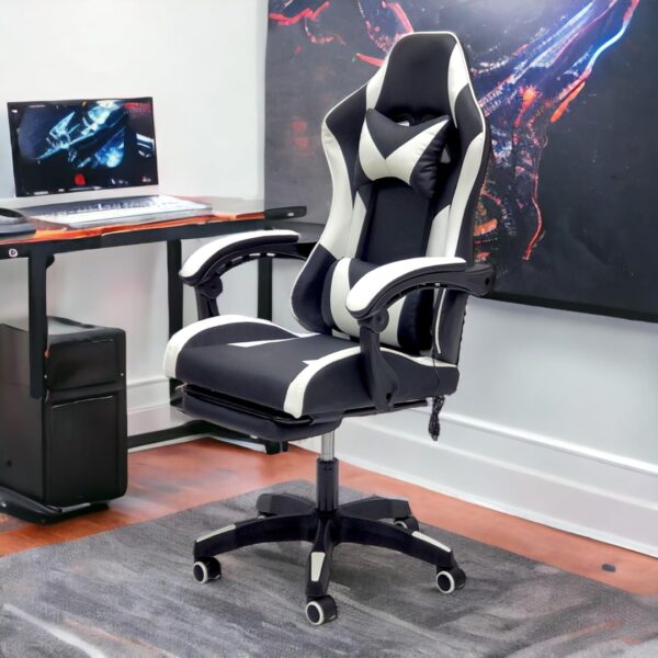 Gaming Chair with Footrest, High Back Leather Office Desk Chair with USB Massager, Adjustable Height, Headrest and Lumbar, Swivel Video Game Chair, Ergonomic Computer Gaming Chair (White Black) - Image 4