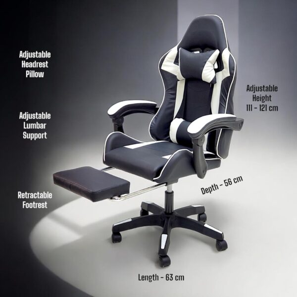 High Back Gaming Chair with Footrest - Premium Leather, Padded Armrests, Adjustable Height, Headrest Cushion & Reclining Backrest, Swivel Office Computer Chair (White Black) - Image 5