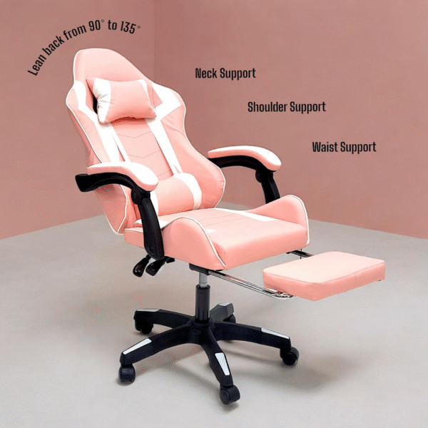 High Back Gaming Chair with Footrest - Premium Leather, Padded Armrests, Adjustable Height, Headrest Cushion & Reclining Backrest, Swivel Office Computer Chair (Pink White) - Image 4