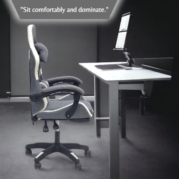 Fabric Gaming Chair - Reclining High Back Office Chair - Adjustable Height, Headrest, Footrest and Lumbar Support - Swivel Video Game Chair - Ergonomic Computer Gaming Chair (Grey White) - Image 4