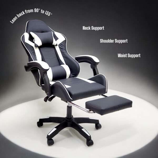High Back Gaming Chair with Footrest - Premium Leather, Padded Armrests, Adjustable Height, Headrest Cushion & Reclining Backrest, Swivel Office Computer Chair (White Black) - Image 4