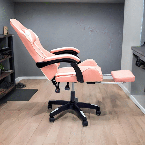 High Back Gaming Chair with Footrest - Premium Leather, Padded Armrests, Adjustable Height, Headrest Cushion & Reclining Backrest, Swivel Office Computer Chair (Pink White) - Image 5