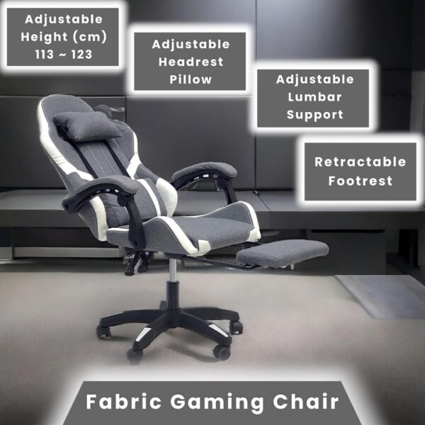 Fabric Gaming Chair - Reclining High Back Office Chair - Adjustable Height, Headrest, Footrest and Lumbar Support - Swivel Video Game Chair - Ergonomic Computer Gaming Chair (Grey White) - Image 5