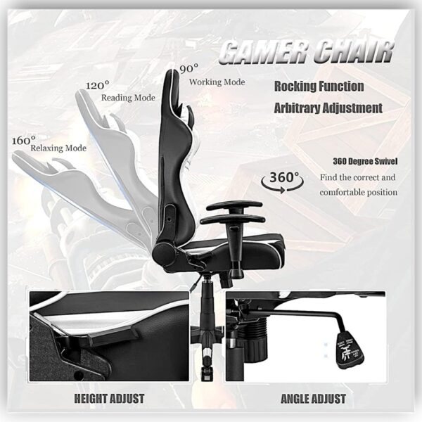 Ergonomic High Back Gaming Chair for Office & Home – PU Leather Executive Chair with 180° Reclining Backrest, Adjustable Height, Lumbar & Headrest Support – White and Black Racing Style - Image 5