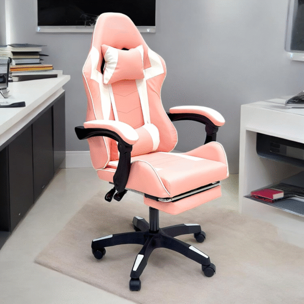 High Back Gaming Chair with Footrest - Premium Leather, Padded Armrests, Adjustable Height, Headrest Cushion & Reclining Backrest, Swivel Office Computer Chair (Pink White) - Image 6