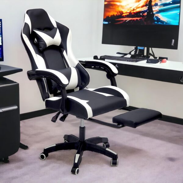 Gaming Chair with Footrest, High Back Leather Office Desk Chair with USB Massager, Adjustable Height, Headrest and Lumbar, Swivel Video Game Chair, Ergonomic Computer Gaming Chair (White Black) - Image 7