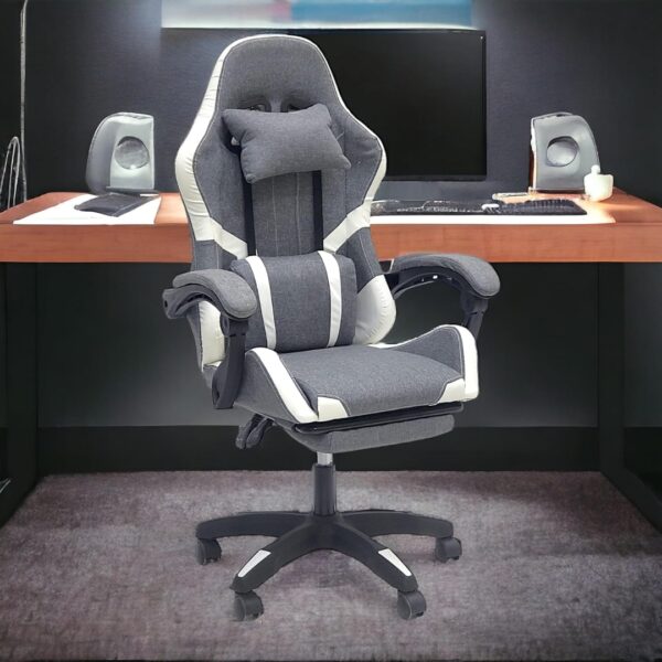 Fabric Gaming Chair - Reclining High Back Office Chair - Adjustable Height, Headrest, Footrest and Lumbar Support - Swivel Video Game Chair - Ergonomic Computer Gaming Chair (Grey White) - Image 6