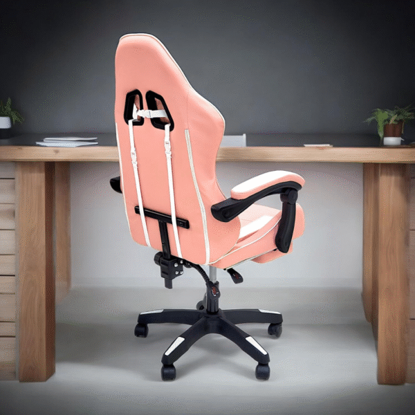 High Back Gaming Chair with Footrest - Premium Leather, Padded Armrests, Adjustable Height, Headrest Cushion & Reclining Backrest, Swivel Office Computer Chair (Pink White) - Image 7
