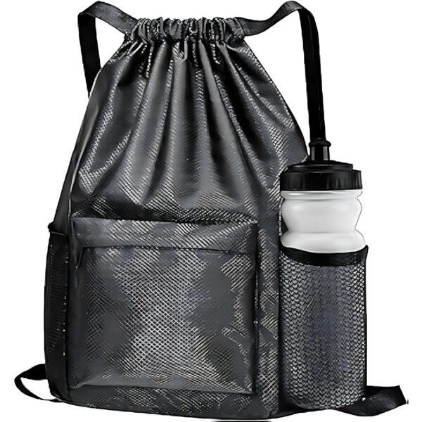 Hajj Umrah prayer mat and shoes Pack all Drawstring Backpack Bag, Water-Resistant Sports Lightweight String Bag with Waterproof Zipper Pocket and Water Bottle Holder(Black)