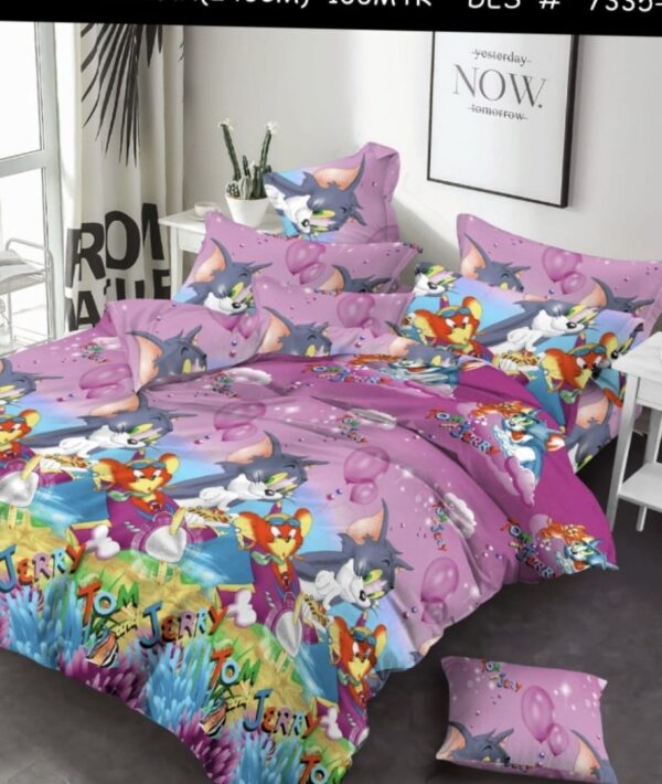 Purple Tom N Jerry  – Cotton King Flat Bed Sheet Set  – Soft, Cooling & Breathable Bed Sheets – Wrinkle-Resistant – Luxury King Size Bedding with Two Pillowcases.