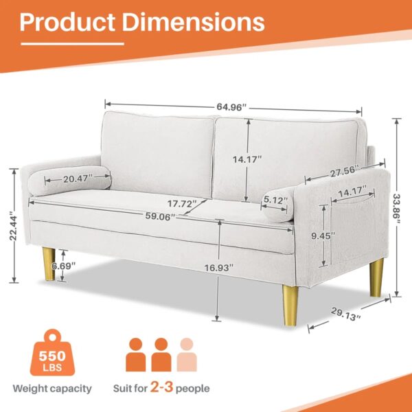 Modern 2-Seater Loveseat Sofa – Small Couch with Side Pockets & Cushions for Bedroom, Office, or Living Room - Image 3