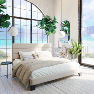 Sherani Platform Bed with Upholstered Fabric Headboard & Wooden Slats – Modern Sturdy Bed Frame for Bedroom