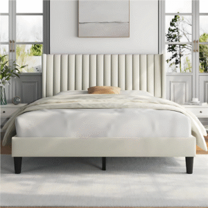 Sherani Upholstered Bed Frame with Wingback Headboard & Side Panels – Modern Platform Bed with Wooden Slats, Sturdy Bedroom Furniture