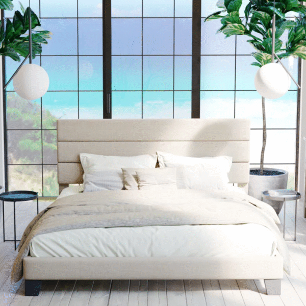 Sherani Platform Bed with Upholstered Fabric Headboard & Wooden Slats – Modern Sturdy Bed Frame for Bedroom - Image 2