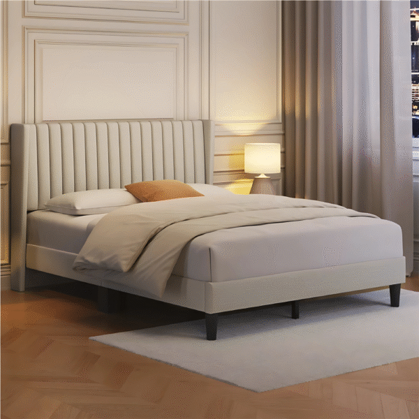 Sherani Upholstered Bed Frame with Wingback Headboard & Side Panels – Modern Platform Bed with Wooden Slats, Sturdy Bedroom Furniture - Image 2