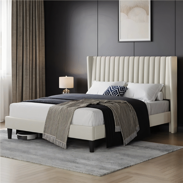 Sherani Upholstered Bed Frame with Wingback Headboard & Side Panels – Modern Platform Bed with Wooden Slats, Sturdy Bedroom Furniture - Image 3