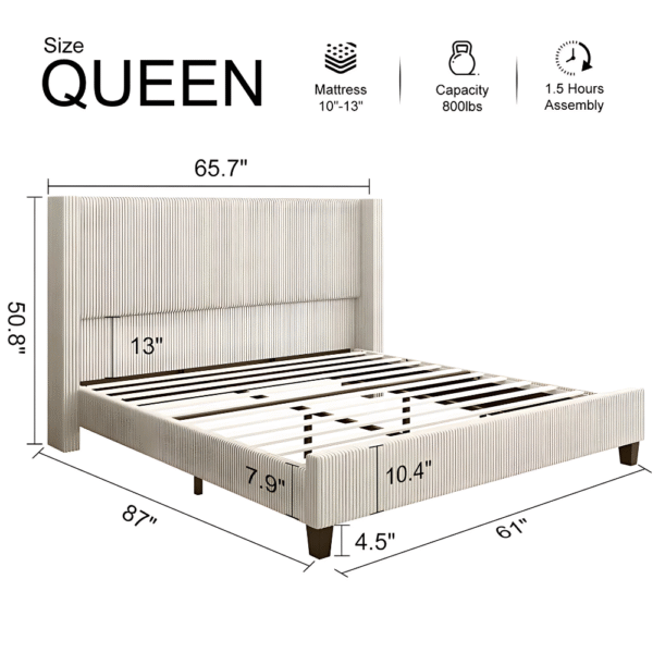 Wauseon Corduroy Upholstered Bed Frame – Queen Size Platform Bed with Tufted Headboard, Wooden Slats, Sturdy Modern Bedroom Furniture, - Image 5