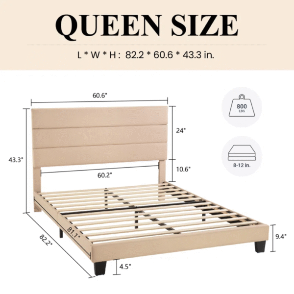 Sherani Platform Bed with Upholstered Fabric Headboard & Wooden Slats – Modern Sturdy Bed Frame for Bedroom - Image 4