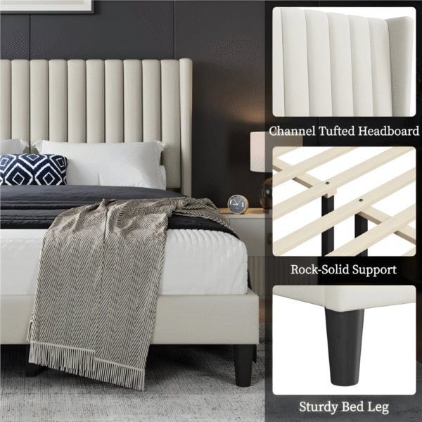 Sherani Upholstered Bed Frame with Wingback Headboard & Side Panels – Modern Platform Bed with Wooden Slats, Sturdy Bedroom Furniture - Image 8